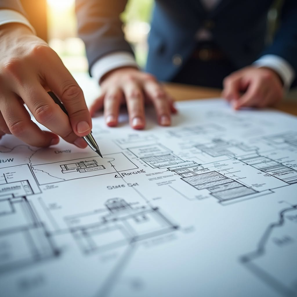 A local draftsman and client reviewing residential plans together
