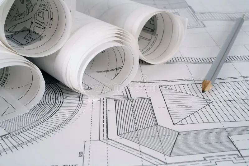 Rolled architectural blueprints and a pencil resting on a floor plan